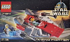 LEGO Star Wars A-Wing Fighter set 7134, includes 123 pieces and minifigure, featuring red and gray design.