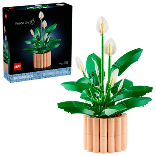 LEGO Peace Lily set, 474 pieces, green leaves, white flowers, and natural-looking pot, suitable for age 18+