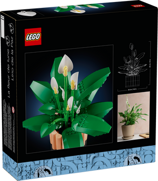 LEGO plant set featuring a green peace lily with white flowers, ideal for indoor decor.