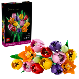Colorful LEGO Tulip Bouquet set with 576 pieces, features pink, red, yellow, and purple flowers,botanicals theme.