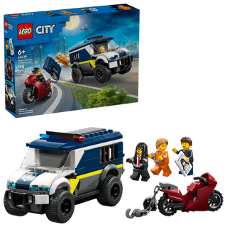 LEGO City Police Prisoner Transport Van set 60479 with figures, red motorcycle, and 198 pieces.