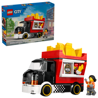 LEGO City food truck set with fries, red and black design, includes minifigures, 216 pieces.