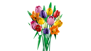 Colorful artificial tulip bouquet with red, pink, yellow, purple, and orange flowers in green stems.