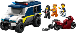 Police LEGO set with blue police car, motorcycle, and three minifigures in prison attire.