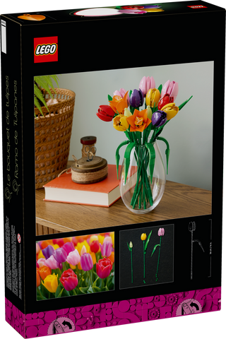 LEGO tulip bouquet set with colorful plastic flowers in a glass vase, perfect for home decor.